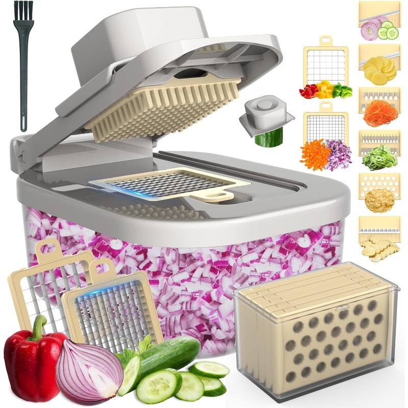 11-in-1 Vegetable Chopper | Mandoline Slicer, Onion Dicer, Veggie Cutter for Fruit Salad, Kitchen Gadgets Essential Tools, Beige, Semi-automatic, No Electricity Needed