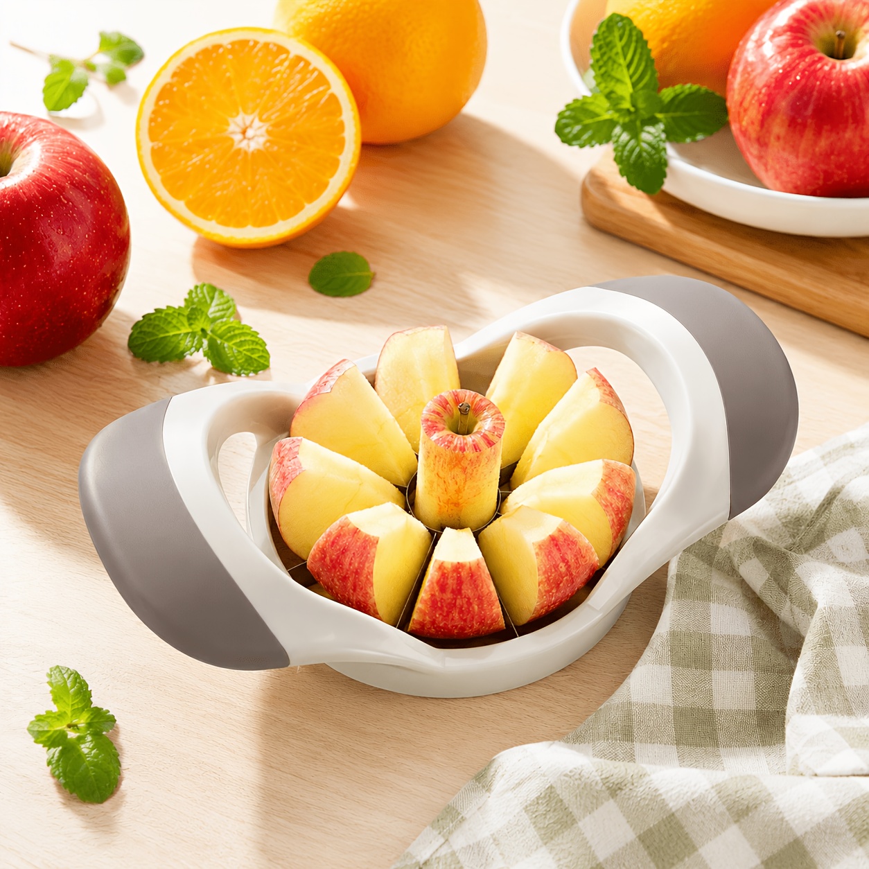 1pc Stainless Steel Fruit And Vegetable Slicer, Ergonomic Dual-Handle Design, Convenient for Cutting Round Fruits And Vegetables Like Apples, Pears, Oranges, Suitable for Kitchen And Outdoor Camping Meal Preparation, Kitchen Essential Gadget