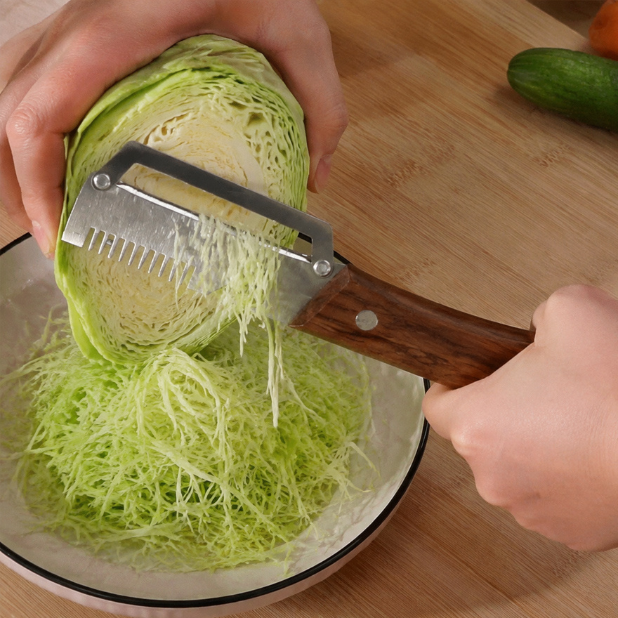 Multi-Functional Cabbage Slicer, Stainless Steel Vegetable Shredder with Wooden Handle, Wide Blade Fruit Peeler for Cabbage, Cucumber, Carrot, Make Coleslaw And Salad