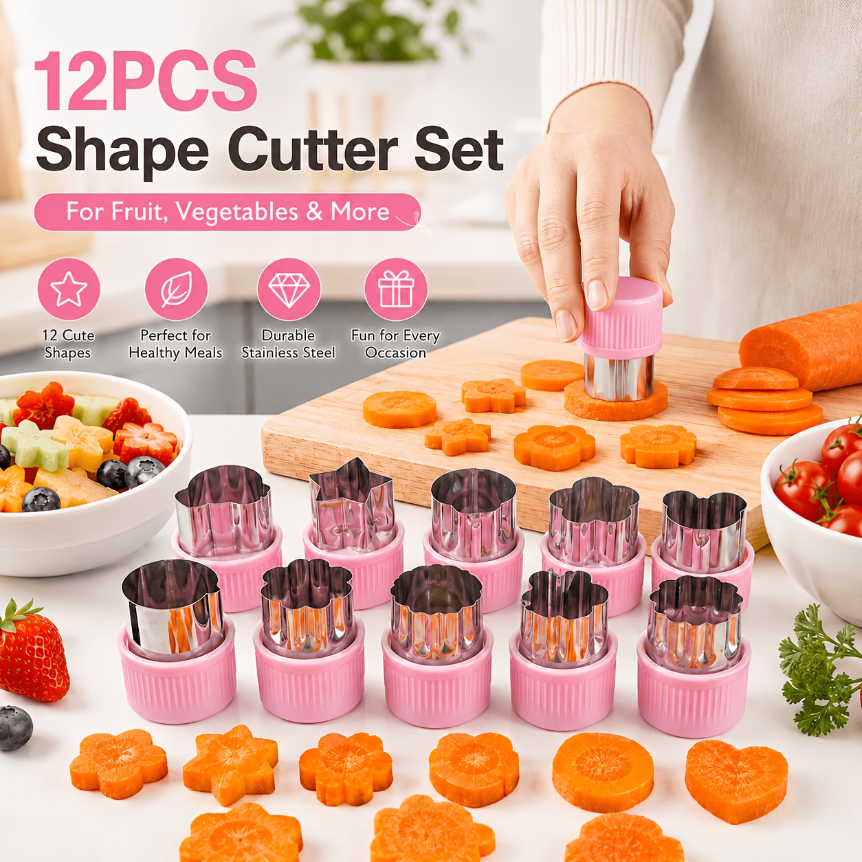 12pcs Stainless Steel Fruit Vegetable Shape Cutter Set, Mini Food Cutter Molds with Easy Grip Handles for Carrot Cucumber Watermelon Cheese and Fruit, Star Flower Heart Shape Kitchen Tool for Salad Snacks Dessert Decoration