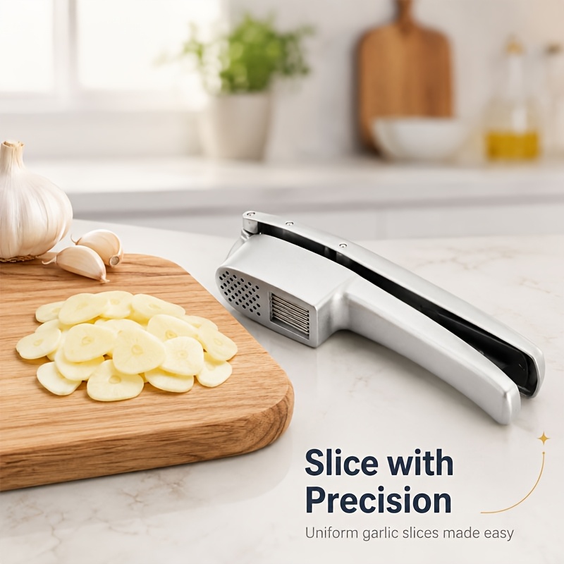 1pc, 2-in-1 Garlic Press and Slicer, Heavy-Duty Garlic Mincer with Ergonomic Handle - Perfect for Home Cooks and Professional Chefs