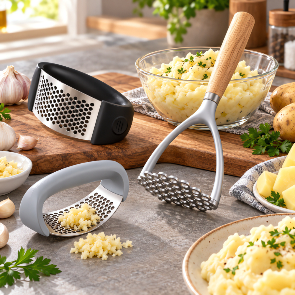 3pcs Kitchen Food Prep Tool Set, 1 Wooden Handle Potato Masher + 2 Manual Garlic Presses (Black/Grey), Stainless Steel Potato Ricer & Garlic Crusher Rocker Set for Kitchen Cooking