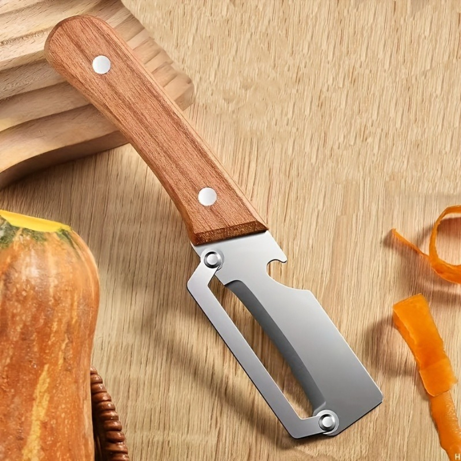 Stainless Steel Vegetable and Fruit Peeler with Wooden Handle Ergonomic Non Slip Grip Heavy Duty Sharp Blade Built In Bottle Opener Food Safe Dishwasher Safe for Potato Carrot Cucumber Home And Restaurant Kitchen Use