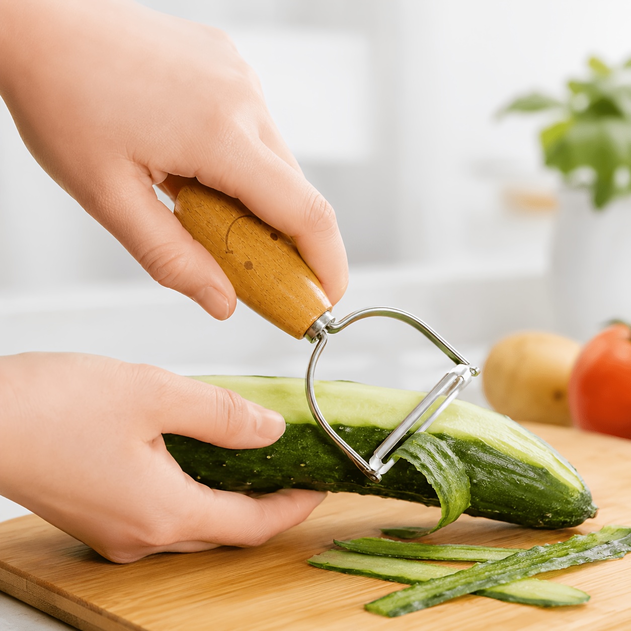 Wooden Handle Stainless Steel Vegetable Peeler, Cute Joyful Face Cartoon Fruit Peeling Knife with Sharp Blades, Multi Style Kitchen Gadget for Quick Peeling Various Fruits and Vegetables, Practical Daily Cooking Tool for Family Kitchen Food Prep Work - Image 4
