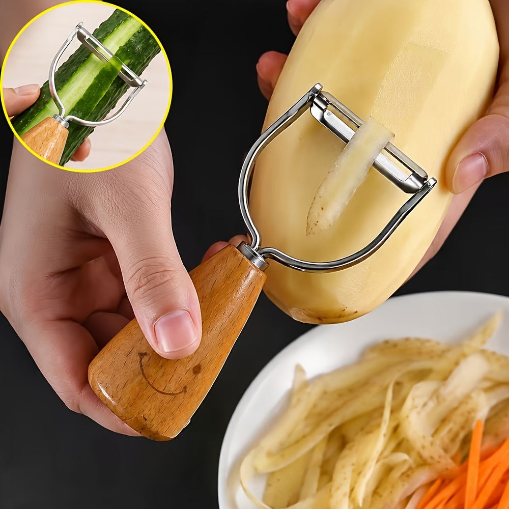 Wooden Handle Stainless Steel Vegetable Peeler, Cute Joyful Face Cartoon Fruit Peeling Knife with Sharp Blades, Multi Style Kitchen Gadget for Quick Peeling Various Fruits and Vegetables, Practical Daily Cooking Tool for Family Kitchen Food Prep Work - Image 3