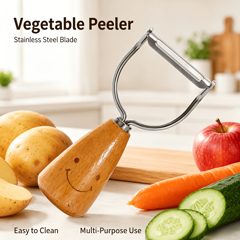 Wooden Handle Stainless Steel Vegetable Peeler, Cute Joyful Face Cartoon Fruit Peeling Knife with Sharp Blades, Multi Style Kitchen Gadget for Quick Peeling Various Fruits and Vegetables, Practical Daily Cooking Tool for Family Kitchen Food Prep Work - Image 5